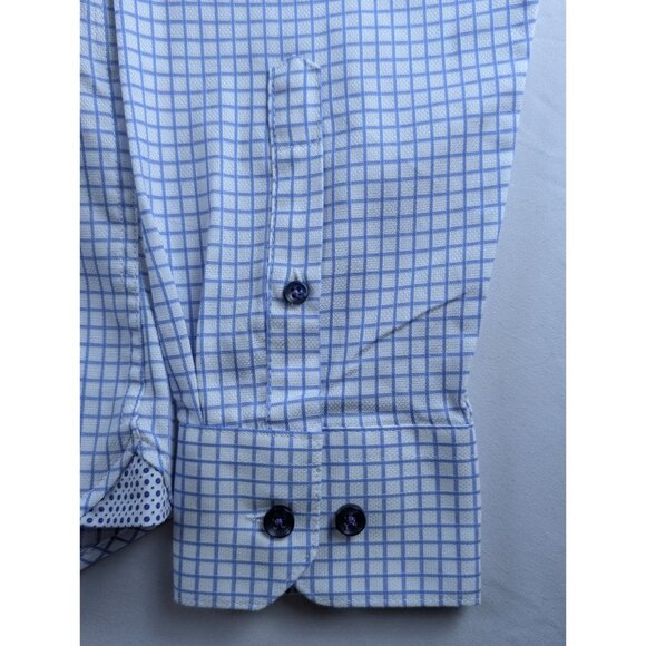 Michelsons of London Men's Medium Regular-Fit Blue Check Dress Shirt Long Sleeve - Picture 14 of 15